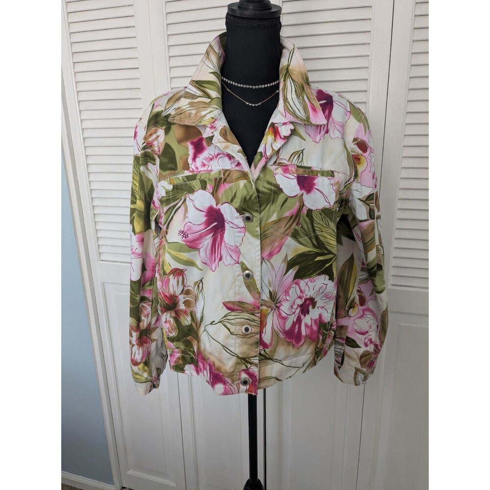 Sunset Cove Jacket Women's XL Jeans Style Hawaiian Floral Purple Green Tropical